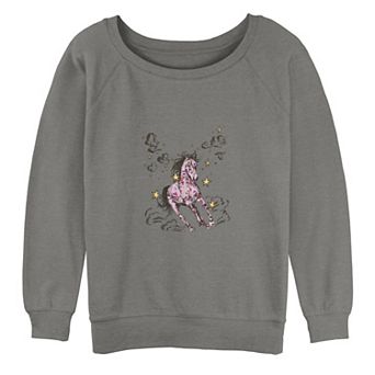 Juniors' Pink Horse With Flowers Draw Graphic Pullover
