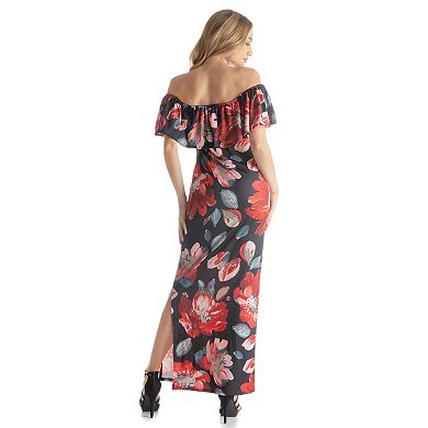Women's 24Seven Comfort Apparel Off-The-Shoulder Print Maxi Side Slit Dress