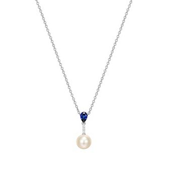 Classic Treasures Sterling Silver Genuine Cultured Pearl, Lab-Created Blue Sapphire & Cubic Zirconia Drop Pendant Necklace