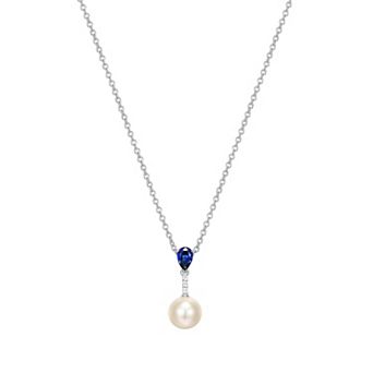 Classic Treasures Sterling Silver Genuine Cultured Pearl, Lab-Created Blue Sapphire & Cubic Zirconia Drop Pendant Necklace