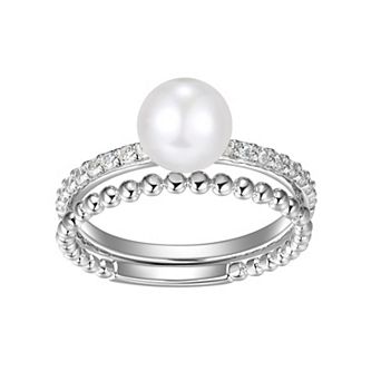 Classic Treasures Sterling Silver Genuine Cultured Pearl & Cubic Zirconia Beaded Ring Set