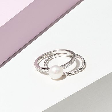 Classic Treasures Sterling Silver Genuine Cultured Pearl & Cubic Zirconia Beaded Ring Set