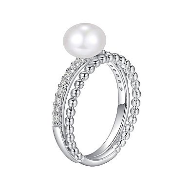 Sterling Silver Genuine Cultured Pearl & Cubic Zirconia Beaded Ring Set