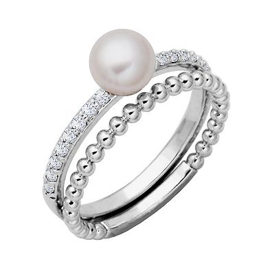 Sterling Silver Genuine Cultured Pearl & Cubic Zirconia Beaded Ring Set