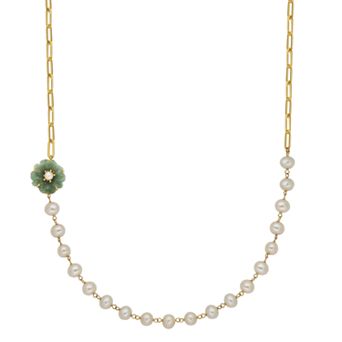 Dynasty Jade 18k Gold Over Sterling Silver Genuine Cultured Pearl with Green Jade Flower Paperclip Necklace