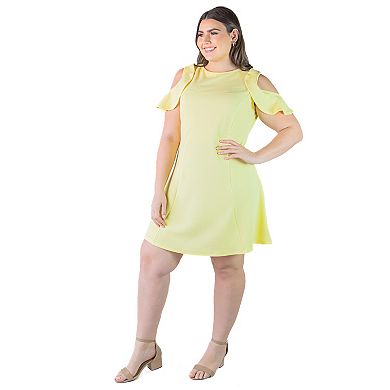 Plus Size 24Seven Comfort Apparel Ruffle Cold Shoulder A-Line Dress