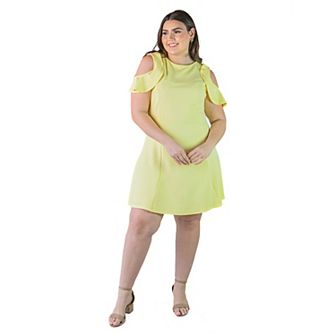 Plus Size 24Seven Comfort Apparel Ruffle Cold Shoulder A-Line Dress