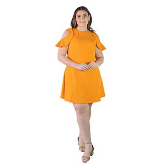 Plus Size 24Seven Comfort Apparel Ruffle Cold Shoulder A-Line Dress