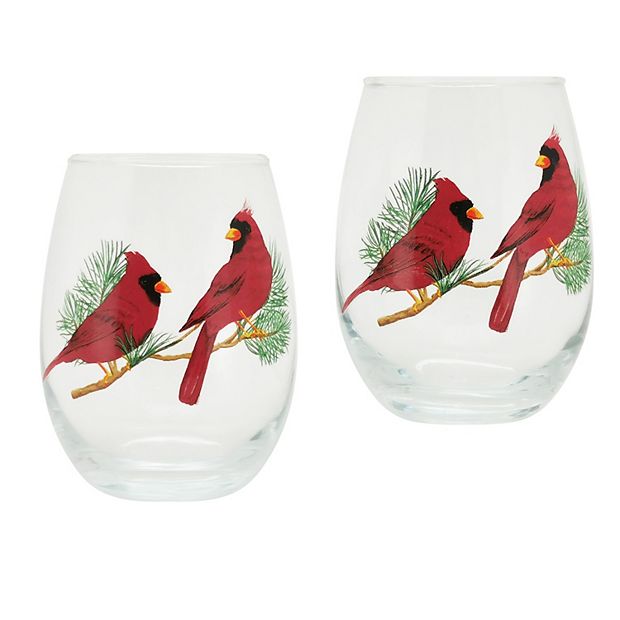 Hand Painted Martini Glasses - Winter Snow with Red Cardinal (Set of 2)