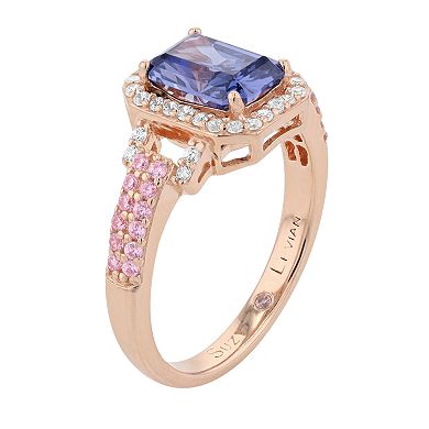 SLNY Suzy Levian Rose Gold Tone Emerald-Cut Blue & Pink Cubic Zirconia Halo Ring