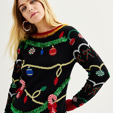 Women's Celebrate Together™ Long Sleeve Crewneck Christmas Tinsel Lights Tunic Sweater