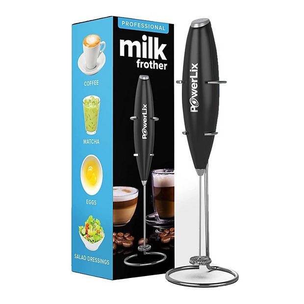 PowerLix Milk Frother Handheld Battery Operated Electric Whisk Foam Maker  For Coffee - With Stainless Steel Stand