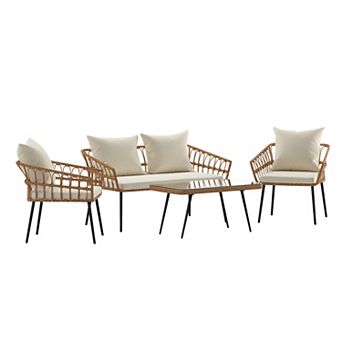 Merrick Lane Armon Four Piece Indoor/Outdoor Boho Open Weave Natural Rattan Rope Patio Set with Two Chairs, Loveseat and Table with Cushions
