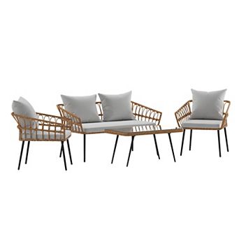 Merrick Lane Armon Four Piece Indoor/Outdoor Boho Open Weave Natural Rattan Rope Patio Set with Two Chairs, Loveseat and Table with Cushions