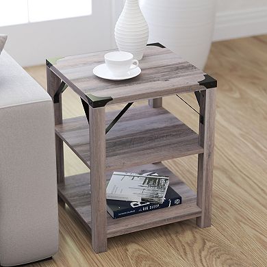 Merrick Lane Green River Modern Farmhouse Engineered Wood End Table with Two Tiered Shelving and Powder Coated Steel Accents