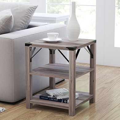 Merrick Lane Green River Modern Farmhouse Engineered Wood End Table with Two Tiered Shelving and Powder Coated Steel Accents