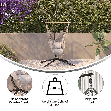 Merrick Lane Inger Heavy Duty All-Weather Hanging Hammock Chair C-Stand with Steel Offset Base and Hardware, 360 Degree Rotation