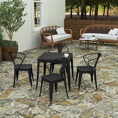 Merrick Lane Hara Five Piece Indoor-Outdoor Dining Table and Chairs Set with 31.5" Square Table and 4 Metal Chairs in Black