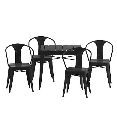 Merrick Lane Hara Five Piece Indoor-Outdoor Dining Table and Chairs Set with 31.5" Square Table and 4 Metal Chairs in Black