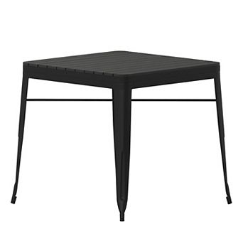 Merrick Lane Hara 31.5" Square Indoor/Outdoor Black Steel Patio Dining Table for 4 with Black Poly Resin Slatted Top