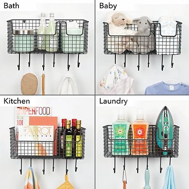 mDesign Metal Storage Organizer Basket with 6 Hooks - Wall Mount