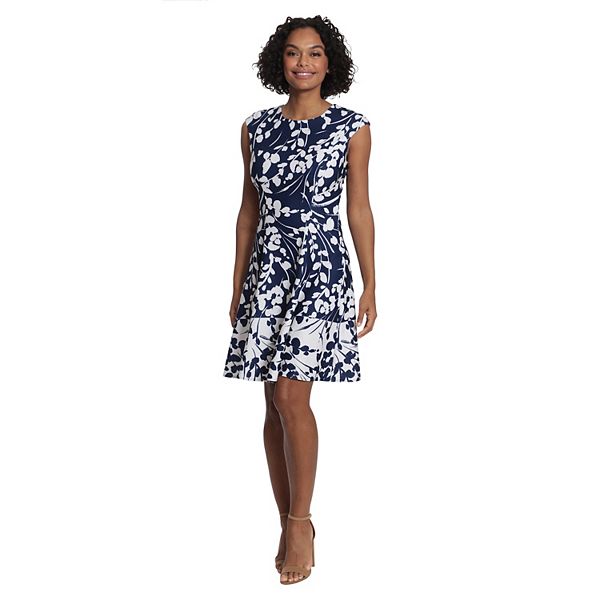 Women's London Times Cap Sleeve Fit & Flare Dress - Navy Ivory (6)