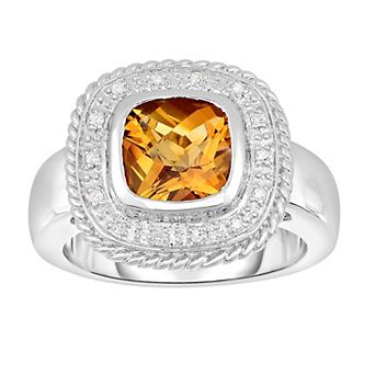 Oro Leoni Sterling Silver Citrine & Diamond Cushion Halo Ring