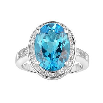 Oro Leoni Sterling Silver Blue Topaz & 1/10 Carat T.W. Diamond Oval Halo Ring