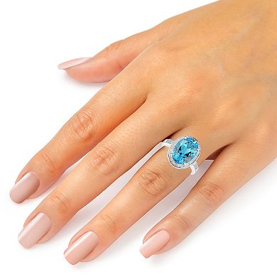 Oro Leoni Sterling Silver Blue Topaz & 1/10 Carat T.W. Diamond Oval Halo Ring