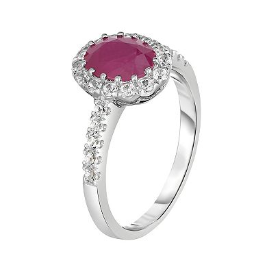 Oro Leoni Sterling Silver Ruby & White Topaz Oval Halo Ring