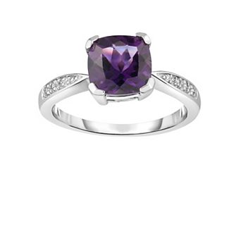 Oro Leoni Sterling Silver Cushion Amethyst & Diamond Accent Ring