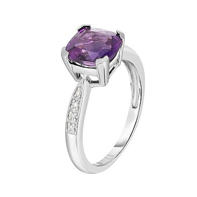 Sterling Silver Cushion Amethyst & Diamond Accent Ring