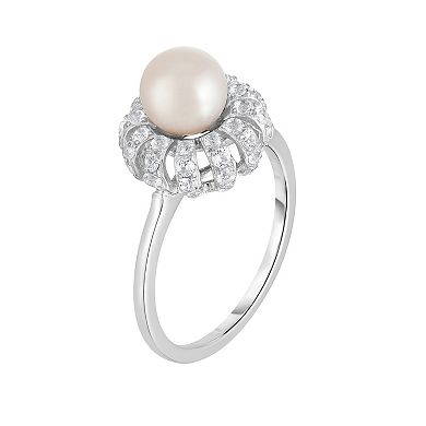 Oro Leoni Sterling Silver Freshwater Cultured Pearl & Lab Created White Sapphire Ring