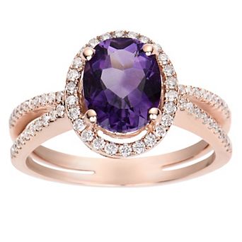 Oro Leoni Rose Gold Tone Sterling Silver Amethyst & Cubic Zirconia Halo Ring