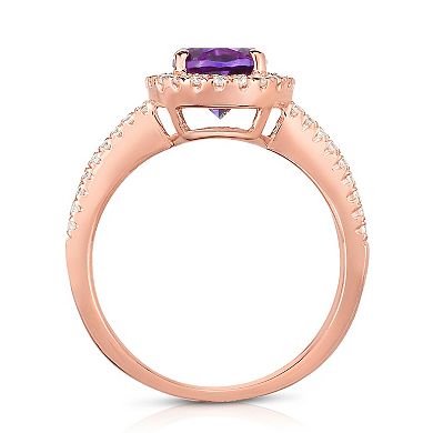 Oro Leoni Rose Gold Tone Sterling Silver Amethyst & Cubic Zirconia Halo Ring