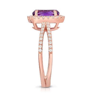 Oro Leoni Rose Gold Tone Sterling Silver Amethyst & Cubic Zirconia Halo Ring