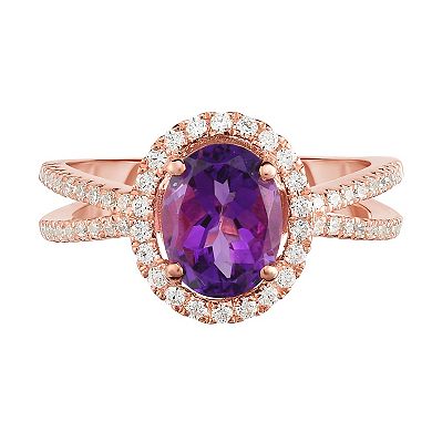 Oro Leoni Rose Gold Tone Sterling Silver Amethyst & Cubic Zirconia Halo Ring