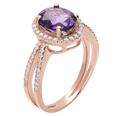 Oro Leoni Rose Gold Tone Sterling Silver Amethyst & Cubic Zirconia Halo Ring