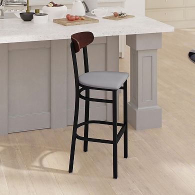 Emma And Oliver Yara Industrial Barstool With Rolled Steel Frame And Solid Wood Seat