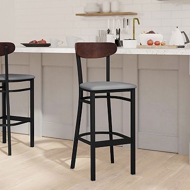 Emma And Oliver Yara Industrial Barstool With Rolled Steel Frame And Solid Wood Seat