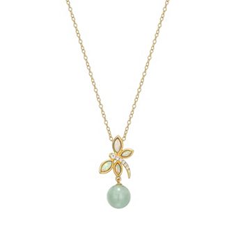 Dynasty Jade 18k Gold Over Silver Lab-Created Opal Dragonfly & Green Jade Bead Necklace