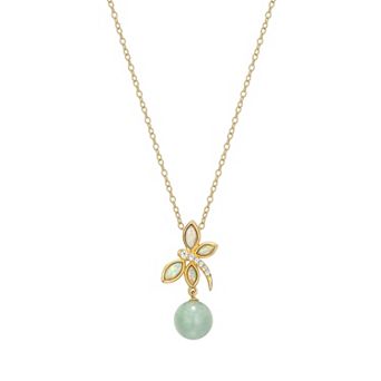 Dynasty Jade 18k Gold Over Silver Lab-Created Opal Dragonfly & Green Jade Bead Necklace