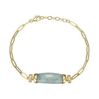 Dynasty Jade 18k Gold Over Silver Genuine Green Jade & Cubic Zirconia Paperclip Bracelet