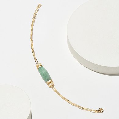 18k Gold Over Silver Genuine Green Jade & Cubic Zirconia Paperclip Bracelet
