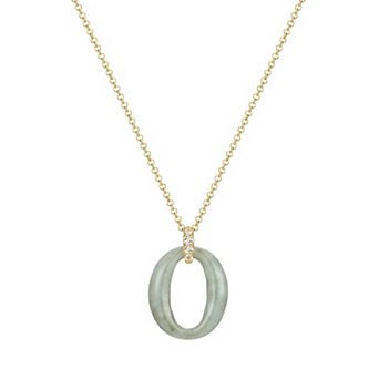 Dynasty Jade 18k Gold Over Silver Oval Genuine Green Jade & White Topaz O Pendant Necklace