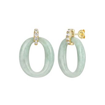 Dynasty Jade 18k Gold Over Silver Genuine Green Jade & White Topaz Oval Earrings