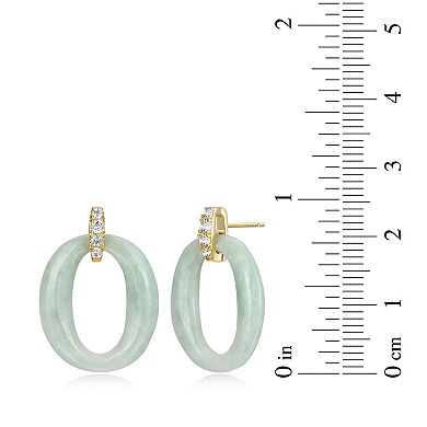 18k Gold Over Silver Genuine Green Jade & White Topaz Oval Earrings