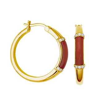 Dynasty Jade 18k Gold Over Silver Dyed Red Jade & Cubic Zirconia Hoop Earrings