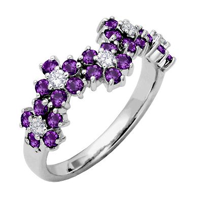 Sterling Silver Amethyst & Lab-Created White Sapphire Flower Ring