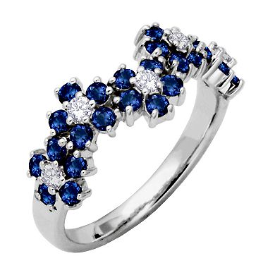 Sterling Silver Lab-Created Blue Sapphire & Lab-Created White Sapphire Flower Ring